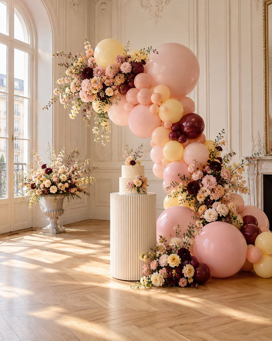 Dekorationsidee mit einer pastellfarbenen Ballongirlande, Blumen und festlich dekorierten Podesten